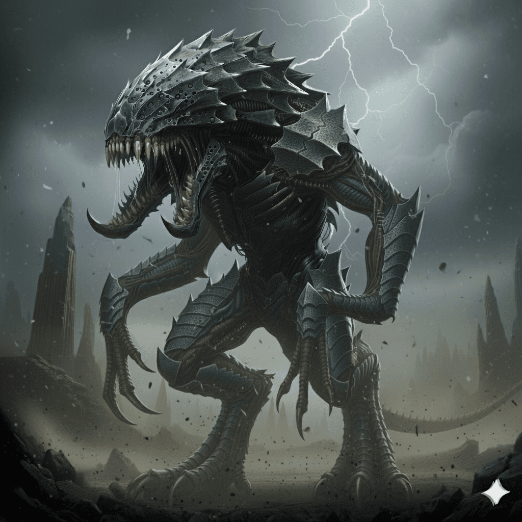 Armored eyeless Vorokh apex predator under volcanic threat lighting