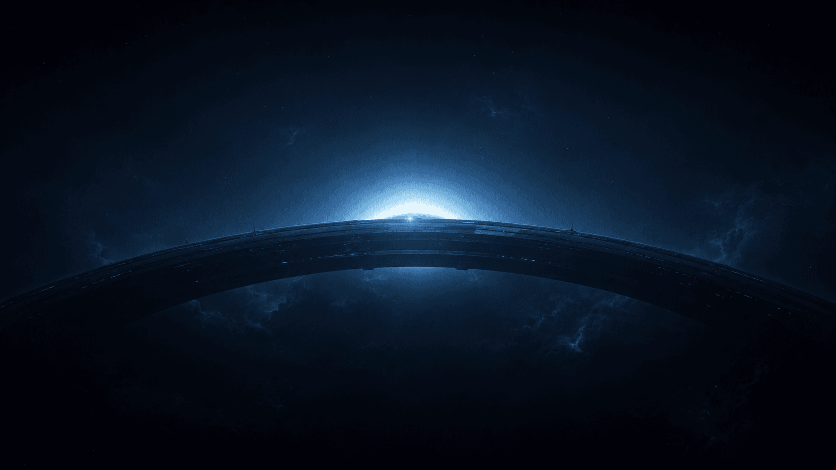 A vast blue ring megastructure silhouetted against a rising star