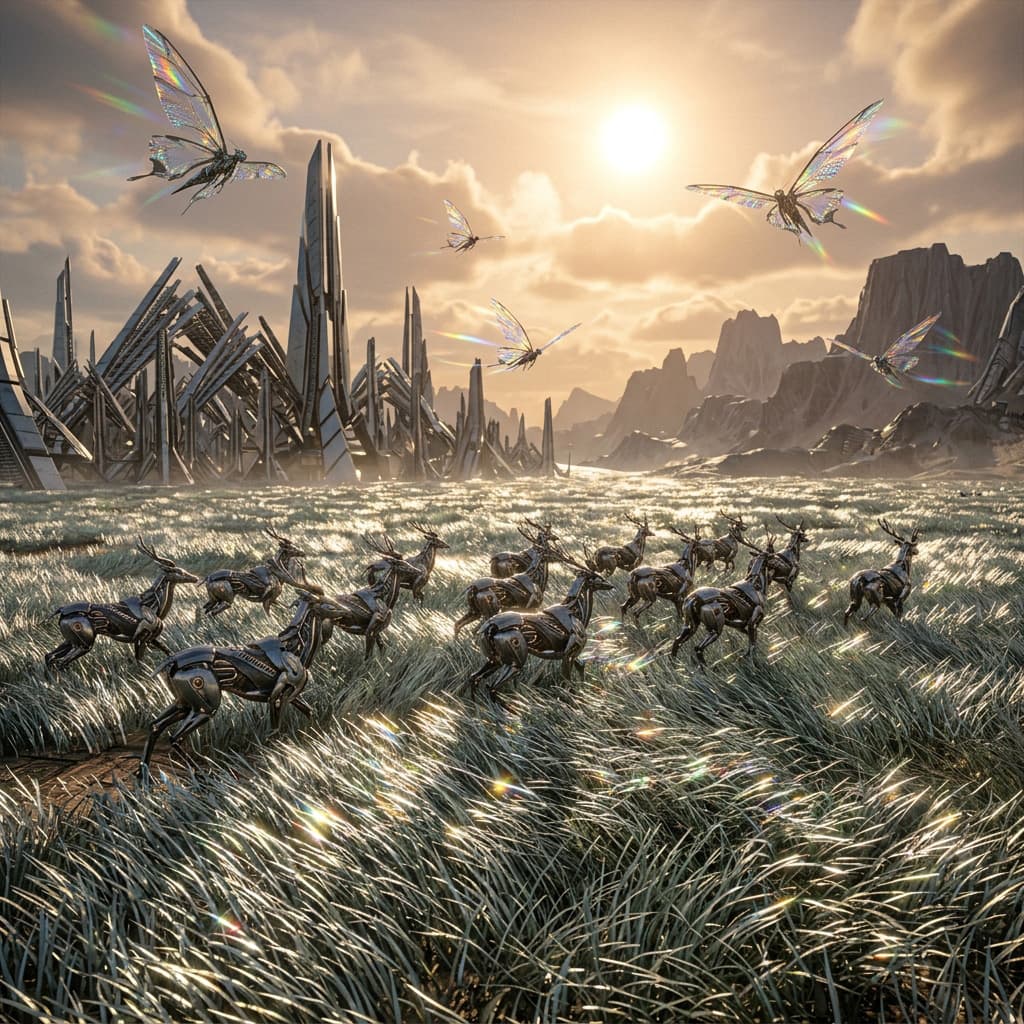 Vaenoth Prime surface — metallic silica-grass plains