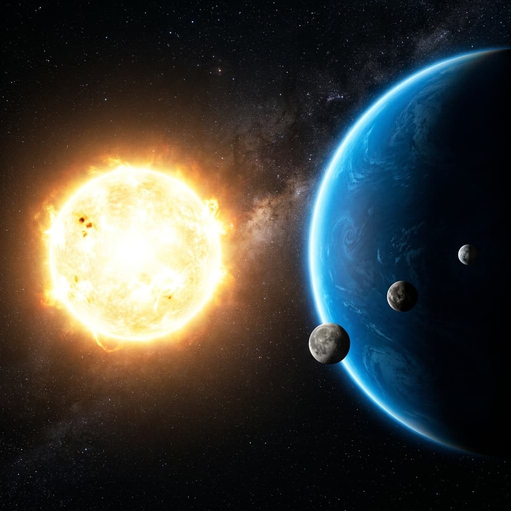 Stellar view of the F9V subgiant star Sirellen shining over the oceanic world of Naluum'thar