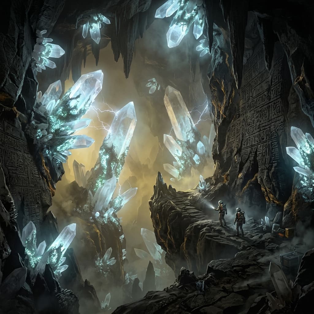 Drumath subterranean cave system with quartz crystal formations, bioluminescent Norum mats, and ancient tactile tunnel art inscriptions