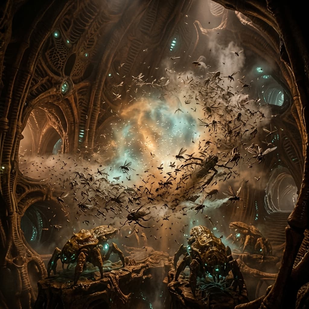 The Swarm — dense insectoid superorganism colony with luminous atmospheric chemical halo
