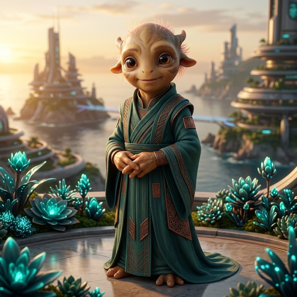 Velisar diplomat standing in Velun'ar coastal city at golden hour