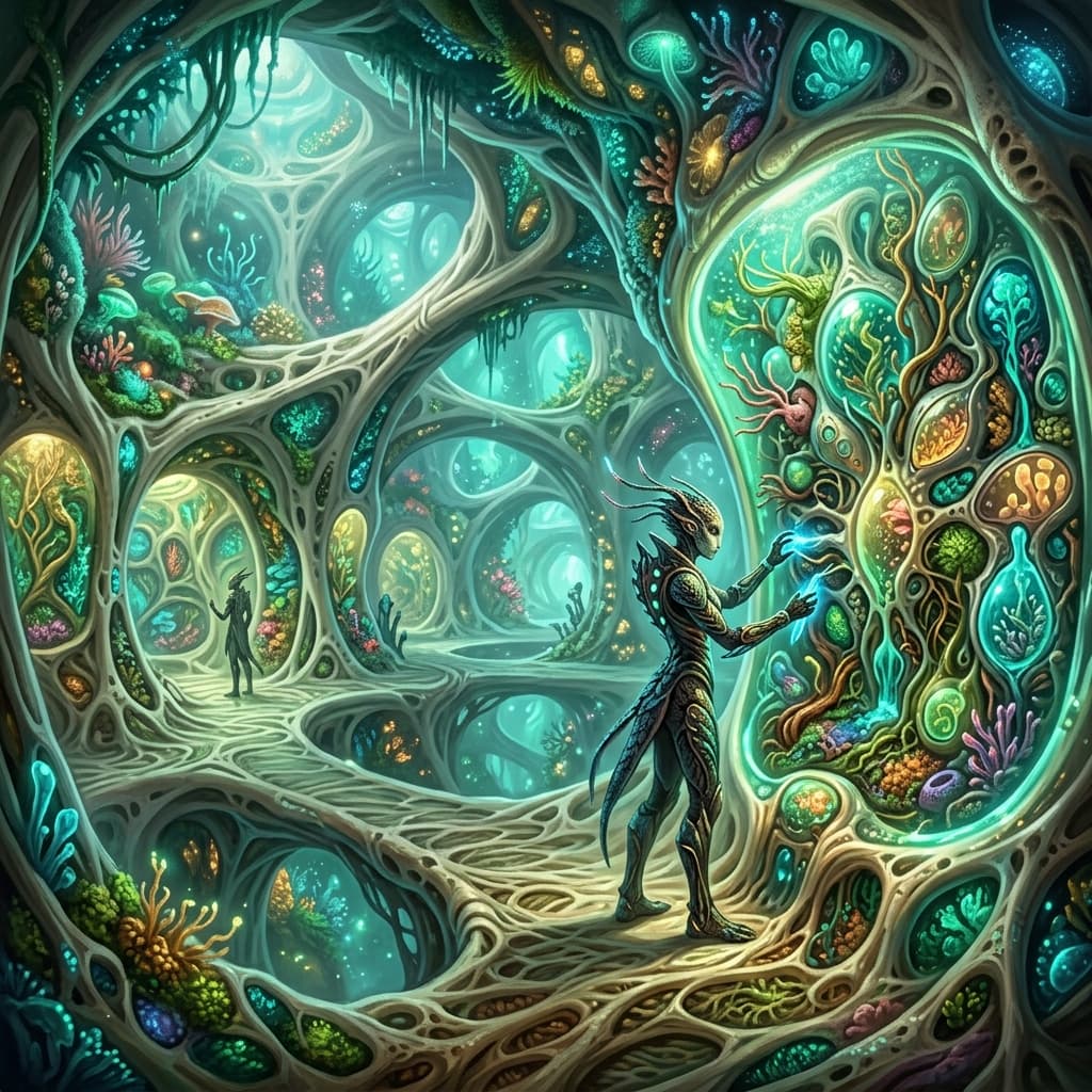 Interior of a Velisar bioship — living walls of cultivated bioluminescent ecosystem