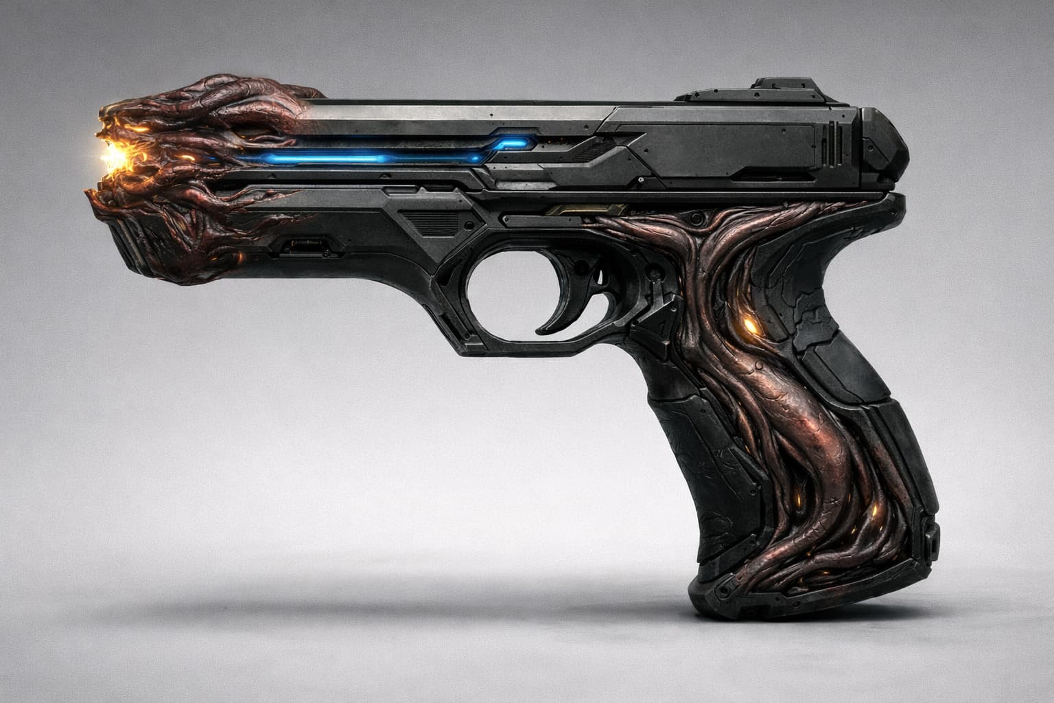 CATASTYX sealed hybrid sidearm prototype with bio-reactive components and black-site warning lighting
