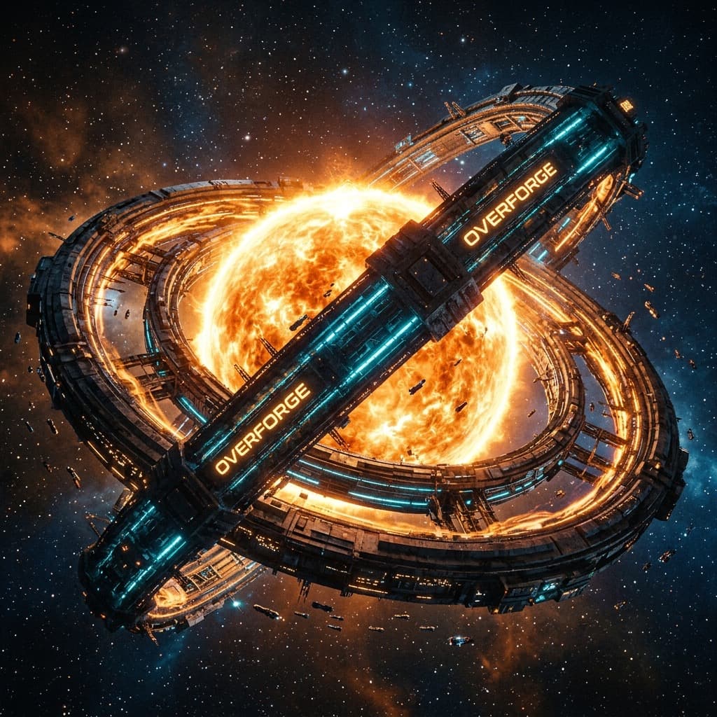 A massive Overforge structure, nested concentric rings spanning a main-sequence star, glowing with deep cyan and amber thermal energy.