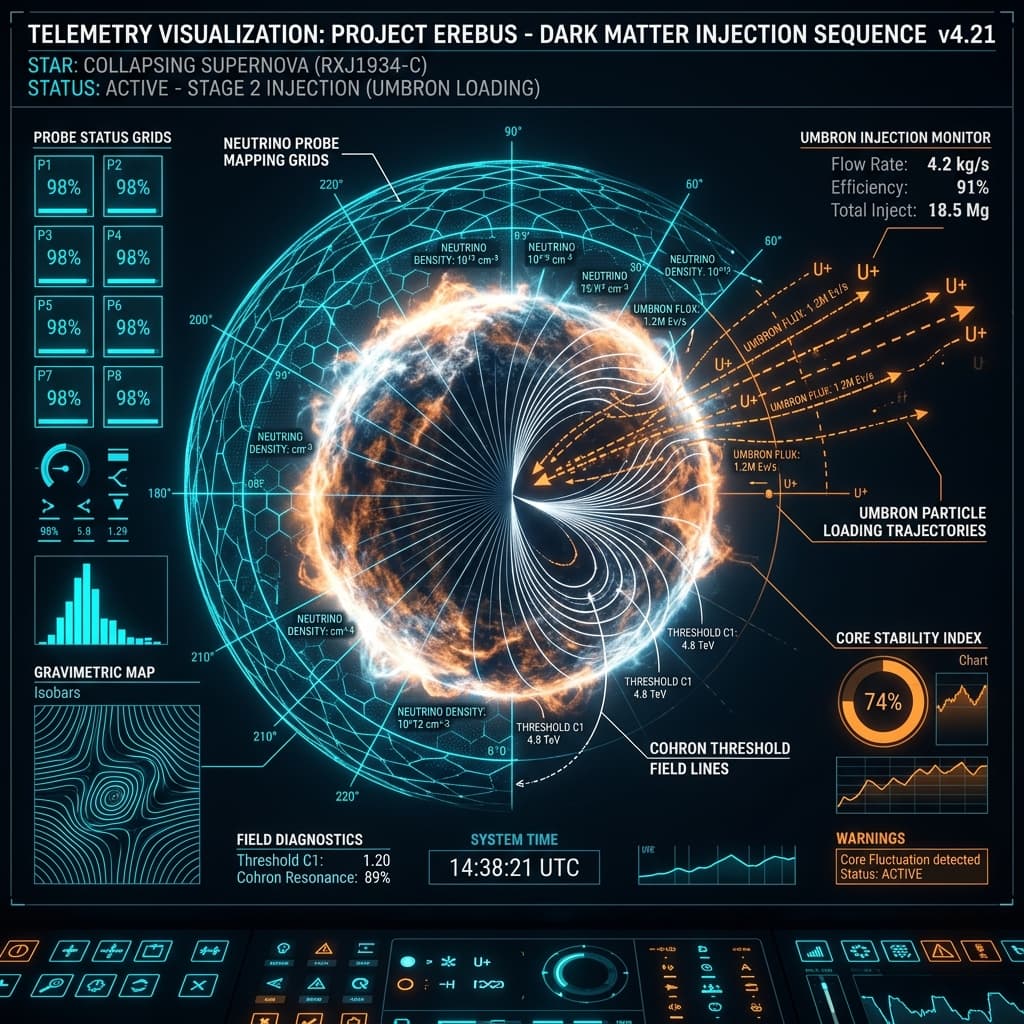 Scientific telemetry visualization illustrating the three-phase dark matter injection sequence into a neutron star to force gravitational collapse.