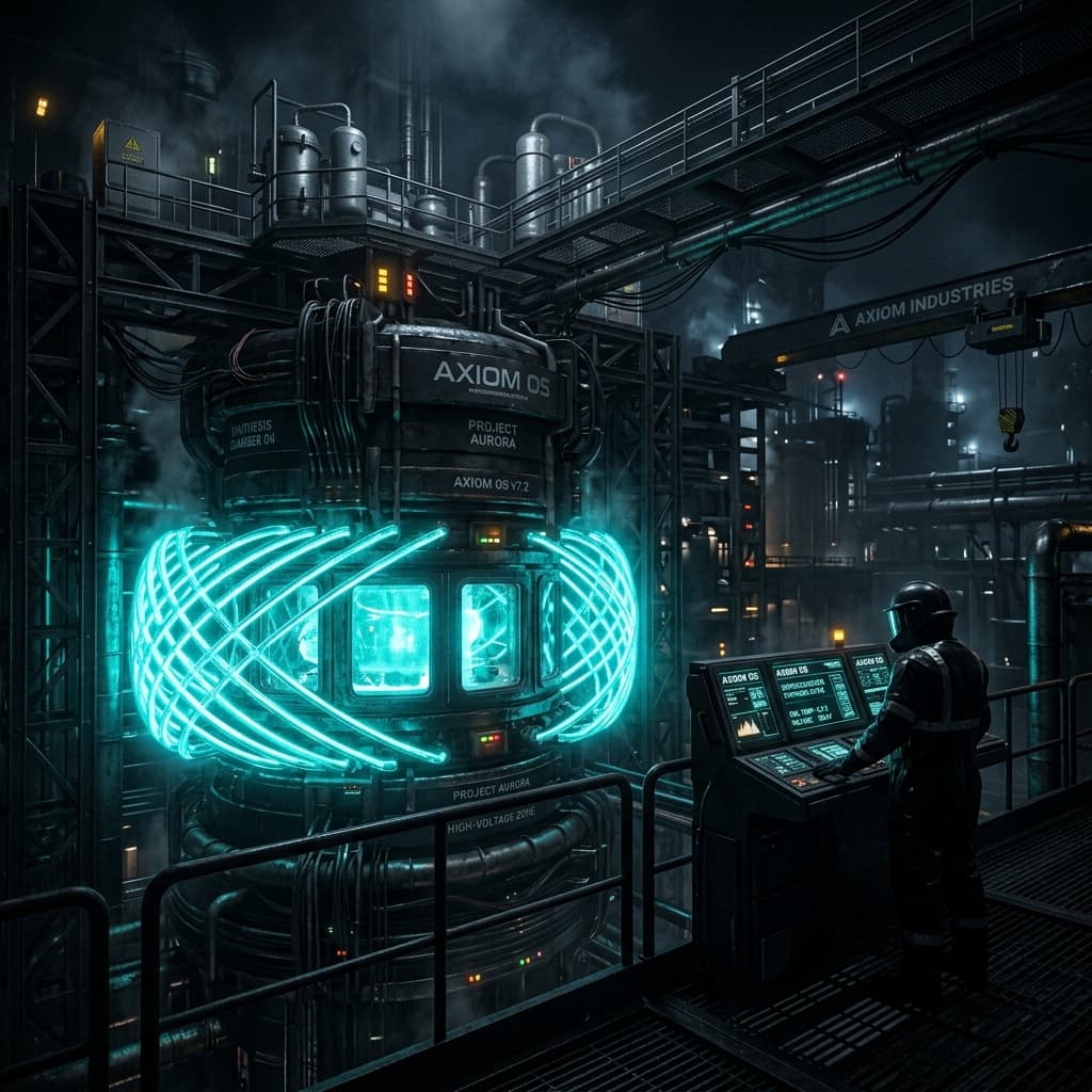 Advanced superconductive synthesis chamber showing electromagnetic coils glowing with turquoise light.