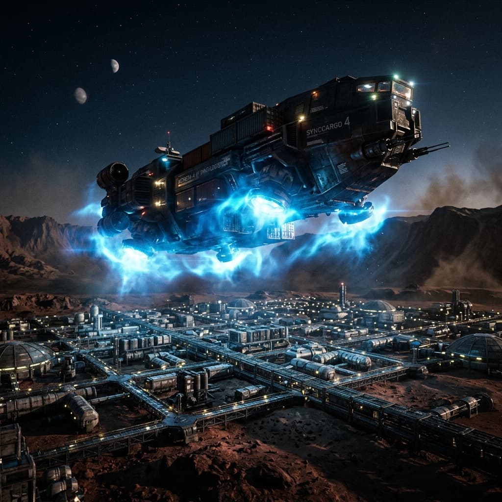 A large atmospheric cargo lifter vessel hovering silently over a futuristic Martian colony grid, using a glowing blue plasma sheath.