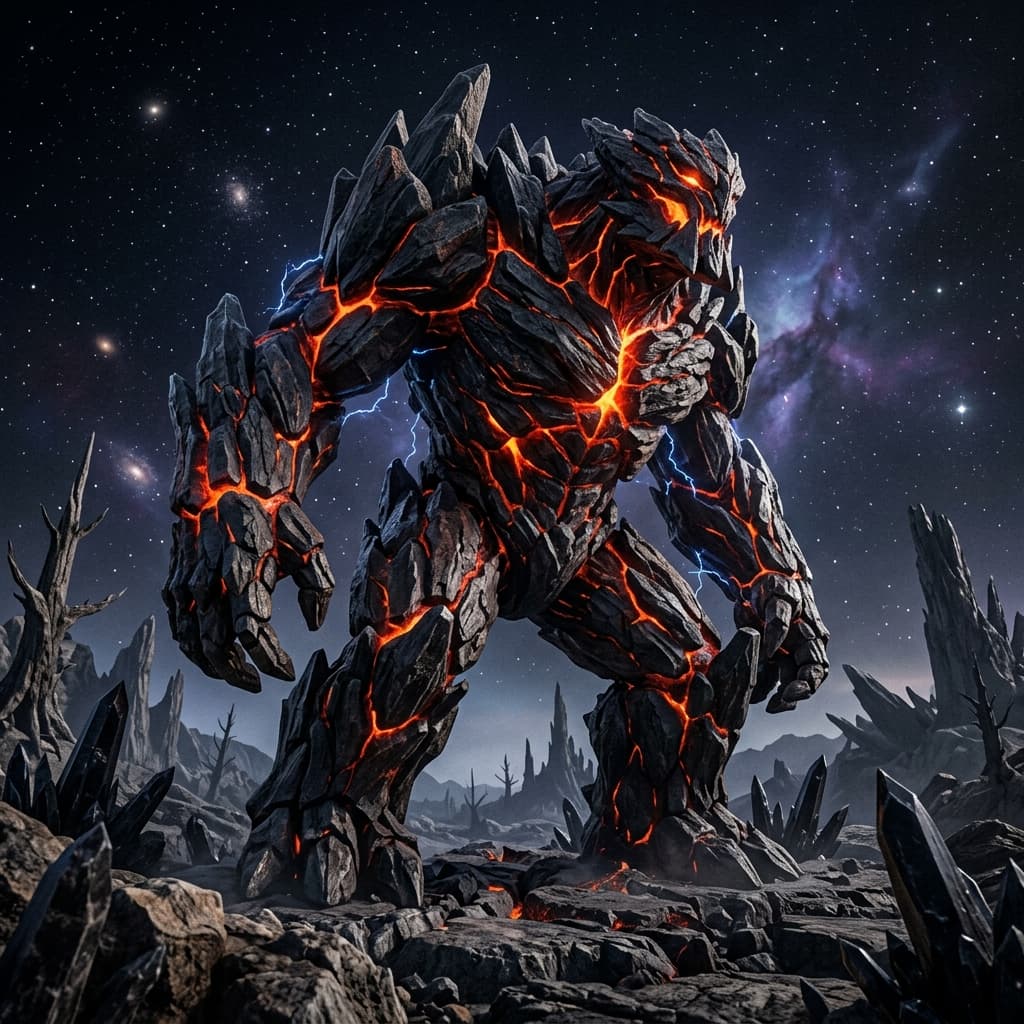 Dark crystalline Veydran figure in frontier anomaly lighting