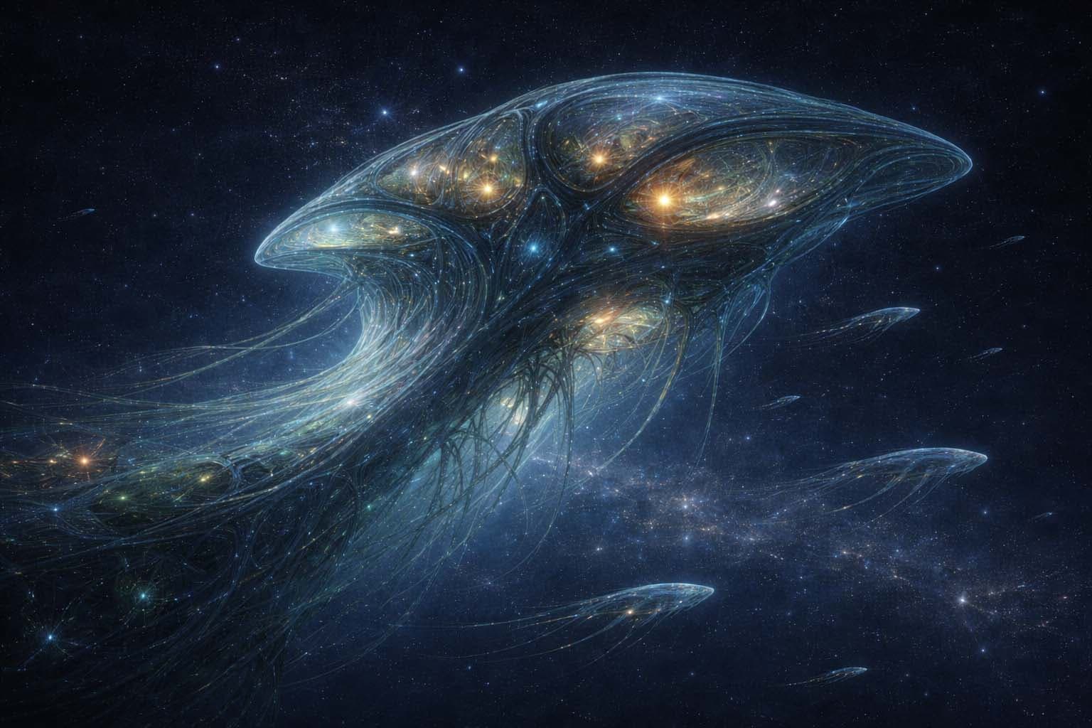 Bioluminescent Pelari leviathan forms suspended in a dark oceanic field, used as provisional visual reference for living Ark lineage bioengineering